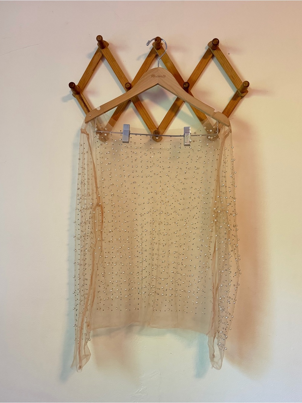 Nude Sheer Long Sleeve Top with Pearls and Rhinestones